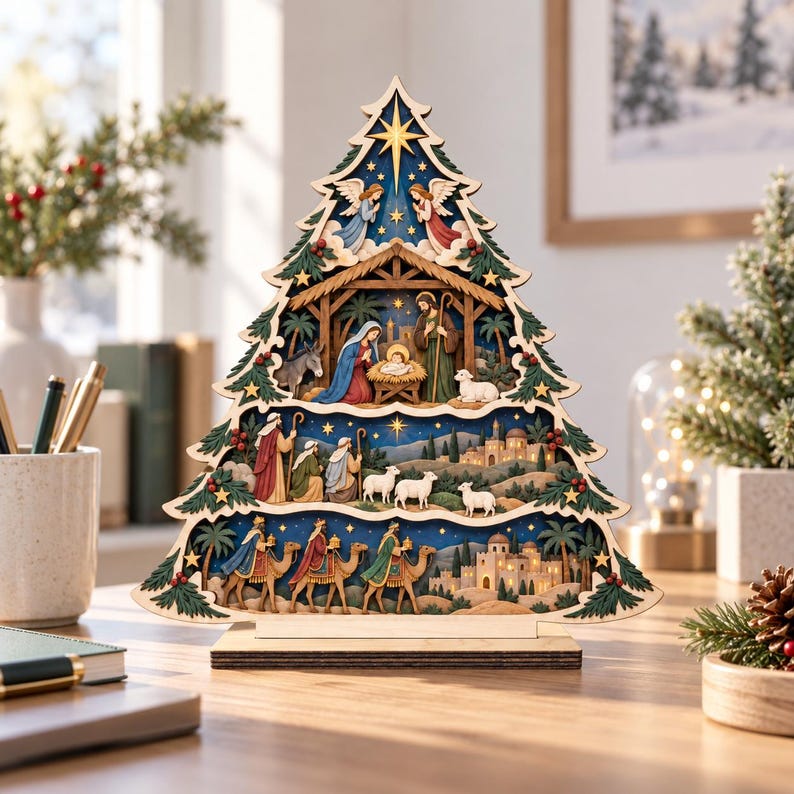 Nativity Scene Tree Wooden Sign, Nativity Tree Christian Gift, Holy Family Manger Christmas Decor, Jesus Faith Gift