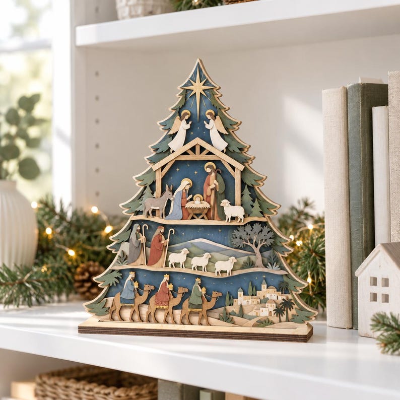 Nativity Scene Tree Wooden Sign, Nativity Tree Christian Gift, Holy Family Manger Christmas Decor, Jesus Faith Gift