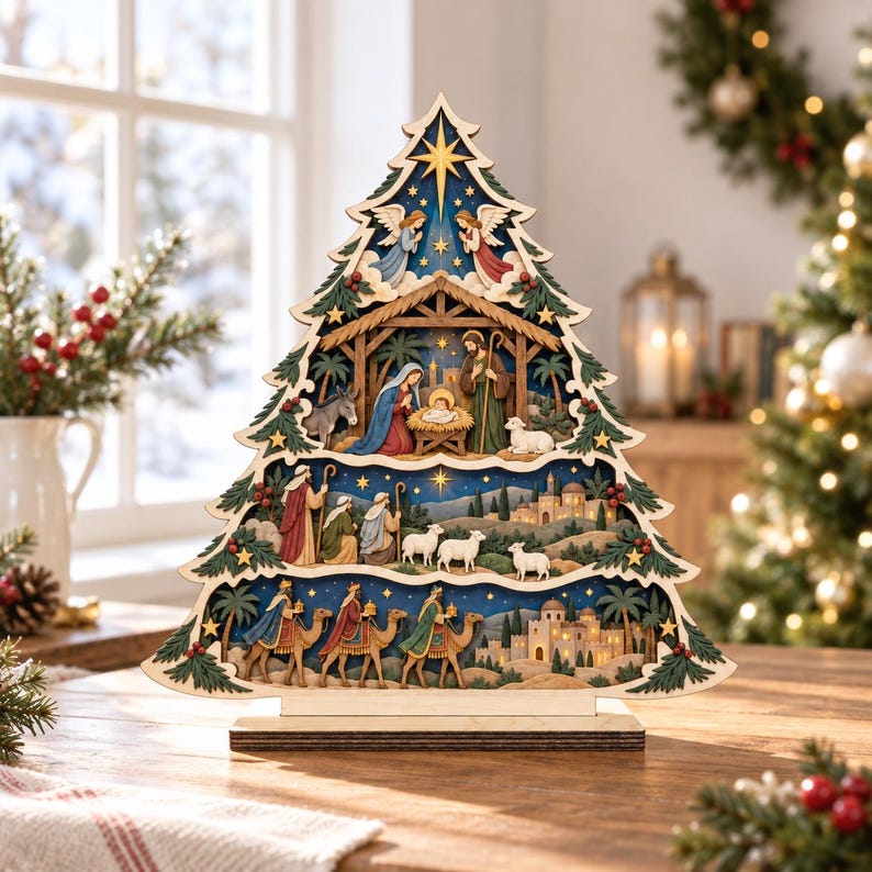 Nativity Scene Tree Wooden Sign, Nativity Tree Christian Gift, Holy Family Manger Christmas Decor, Jesus Faith Gift