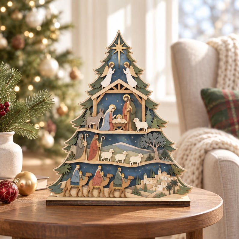 Nativity Scene Tree Wooden Sign, Nativity Tree Christian Gift, Holy Family Manger Christmas Decor, Jesus Faith Gift
