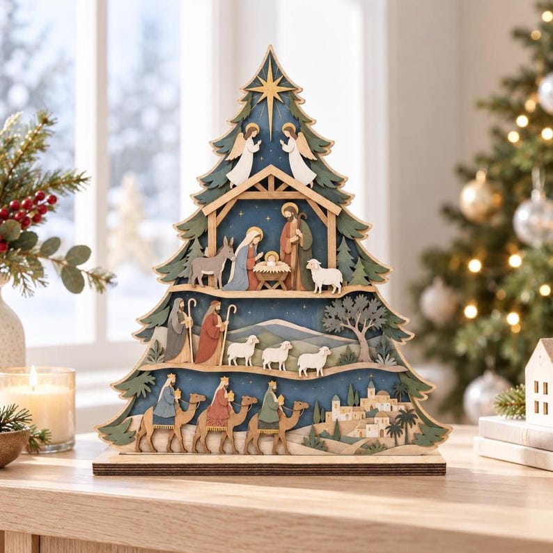 Nativity Scene Tree Wooden Sign, Nativity Tree Christian Gift, Holy Family Manger Christmas Decor, Jesus Faith Gift