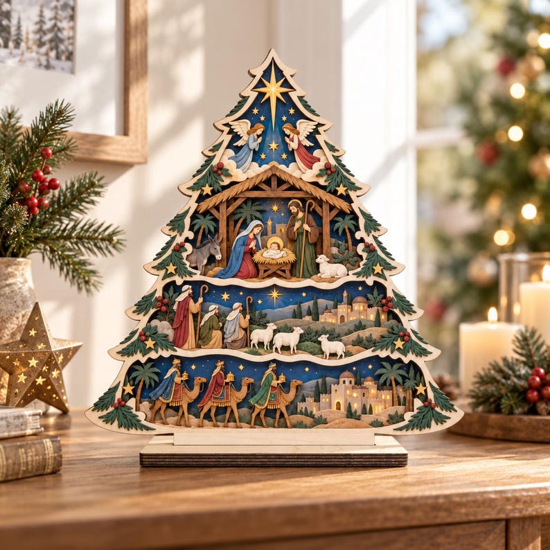Nativity Scene Tree Wooden Sign, Nativity Tree Christian Gift, Holy Family Manger Christmas Decor, Jesus Faith Gift