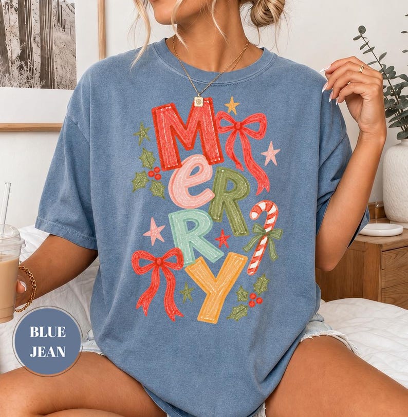 Merry Christmas Festive T-Shirt, Coquette Bow Holiday Tee, Comfort Colors Candy Cane Shirt, Trendy Xmas Gift