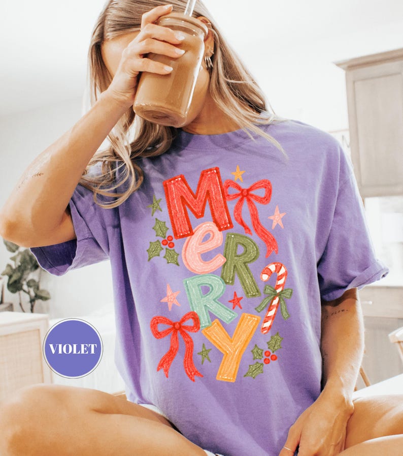 Merry Christmas Festive T-Shirt, Coquette Bow Holiday Tee, Comfort Colors Candy Cane Shirt, Trendy Xmas Gift