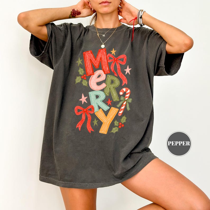 Merry Christmas Festive T-Shirt, Coquette Bow Holiday Tee, Comfort Colors Candy Cane Shirt, Trendy Xmas Gift