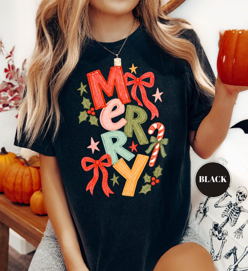 Merry Christmas Festive T-Shirt, Coquette Bow Holiday Tee, Comfort Colors Candy Cane Shirt, Trendy Xmas Gift