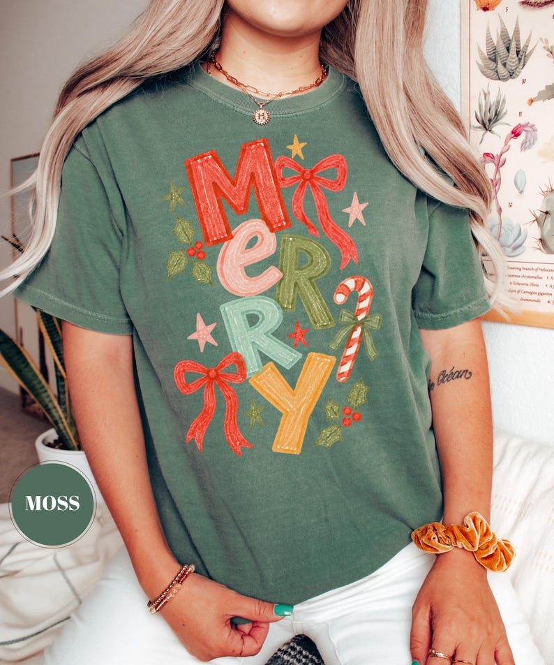 Merry Christmas Festive T-Shirt, Coquette Bow Holiday Tee, Comfort Colors Candy Cane Shirt, Trendy Xmas Gift
