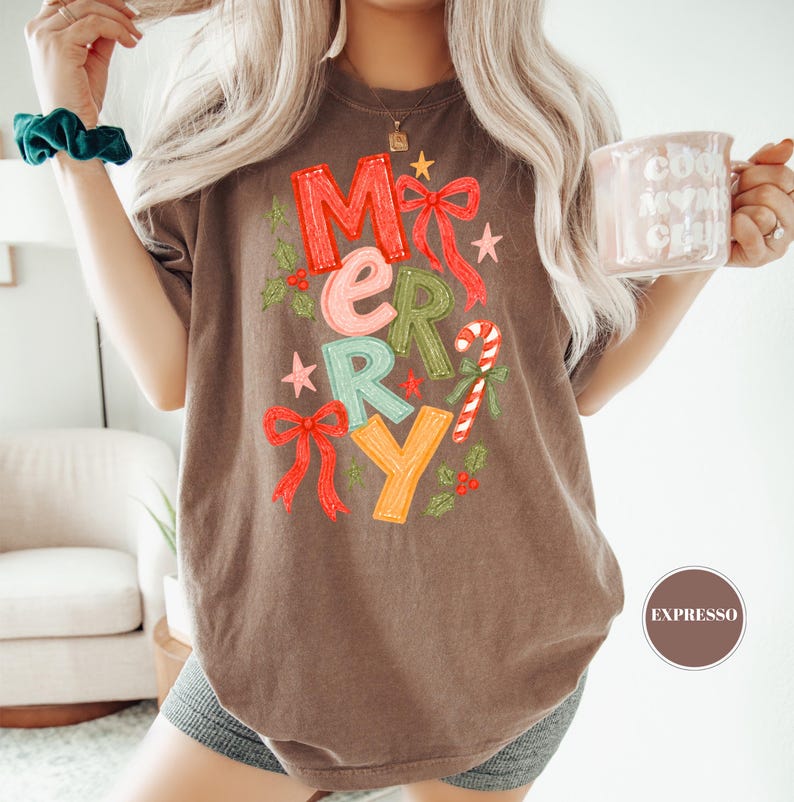 Merry Christmas Festive T-Shirt, Coquette Bow Holiday Tee, Comfort Colors Candy Cane Shirt, Trendy Xmas Gift