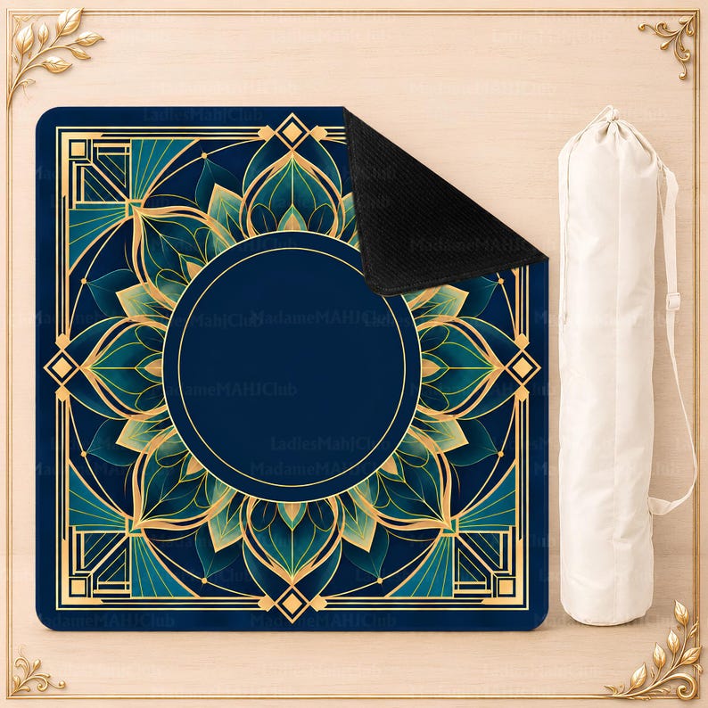 Art Deco Lotus Mahjong Mat, Luxury American Mahjong Game Mat, Navy Gold Geometric Floral Non Slip Table Cover