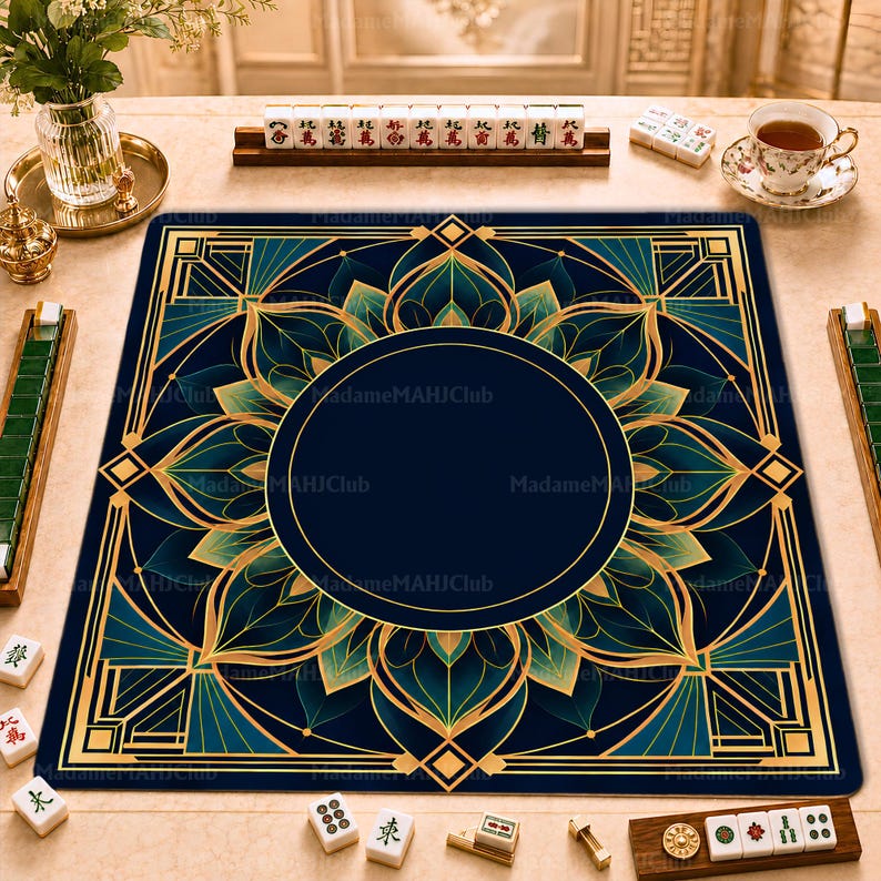 Art Deco Lotus Mahjong Mat, Luxury American Mahjong Game Mat, Navy Gold Geometric Floral Non Slip Table Cover