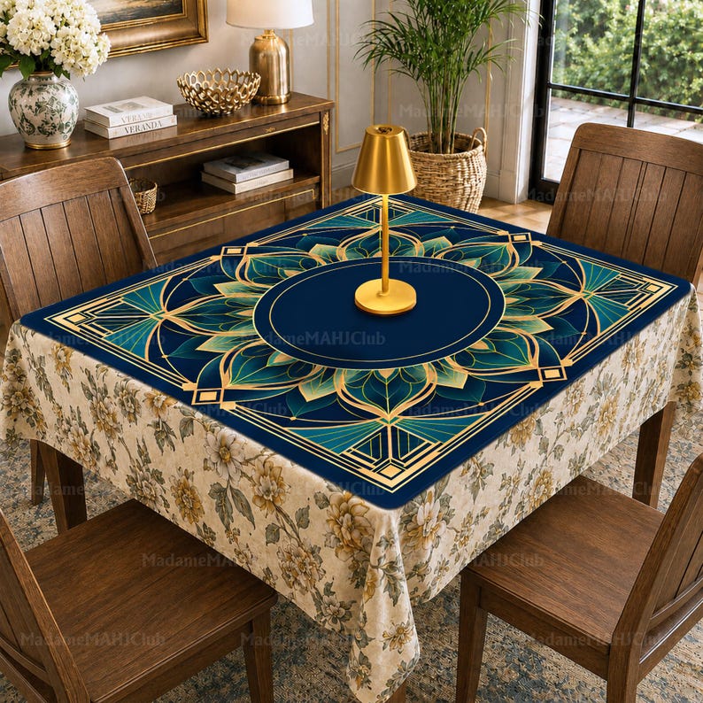 Art Deco Lotus Mahjong Mat, Luxury American Mahjong Game Mat, Navy Gold Geometric Floral Non Slip Table Cover