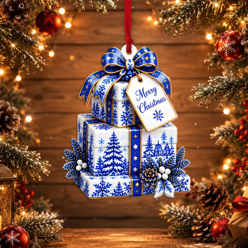 Blue Toile Christmas Acrylic Ornament, Chinoiserie Nativity Santa Angel Nutcracker Ornament, Blue White Christmas Tree Decor
