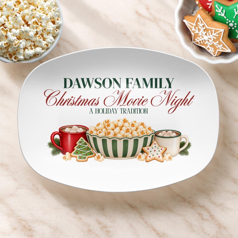 Personalized Christmas Movie Night Platter, Custom Family Christmas Gift, Holiday Serving Tray Snack Tray Popcorn Movie Gift