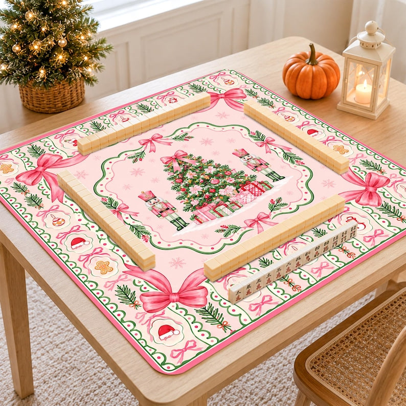 Personalized Pink Christmas Tree Mahjong Mat, Nutcracker Pink Bow Table Cover, Grandmillennial Table Mat Gift
