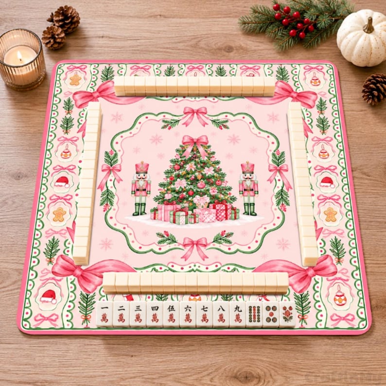 Personalized Pink Christmas Tree Mahjong Mat, Nutcracker Pink Bow Table Cover, Grandmillennial Table Mat Gift