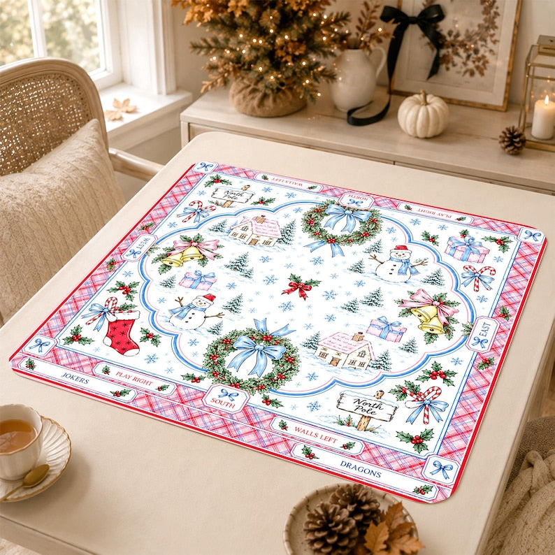 Personalized Snowman Mahjong Mat, Pink Plaid Non-Slip Table Cover, Christmas Winter Cabin Holiday Table Mat