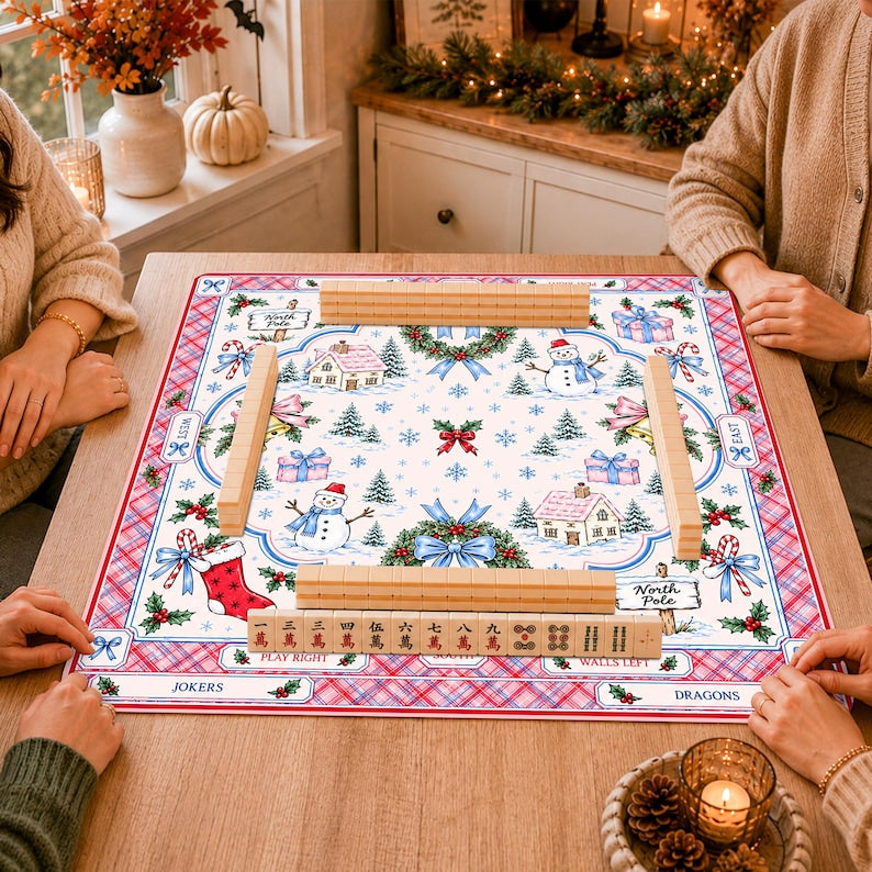 Personalized Snowman Mahjong Mat, Pink Plaid Non-Slip Table Cover, Christmas Winter Cabin Holiday Table Mat