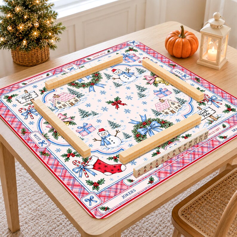 Personalized Snowman Mahjong Mat, Pink Plaid Non-Slip Table Cover, Christmas Winter Cabin Holiday Table Mat