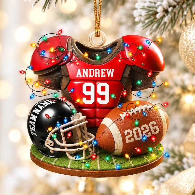 Personalized Football Christmas Ornament 2026, Custom Name Jersey Helmet Team Gift, 2D Flat Acrylic Boy Athlete Keepsake
