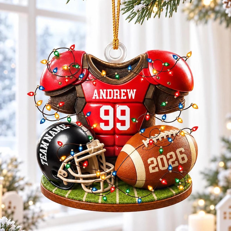 Personalized Football Christmas Ornament 2026, Custom Name Jersey Helmet Team Gift, 2D Flat Acrylic Boy Athlete Keepsake