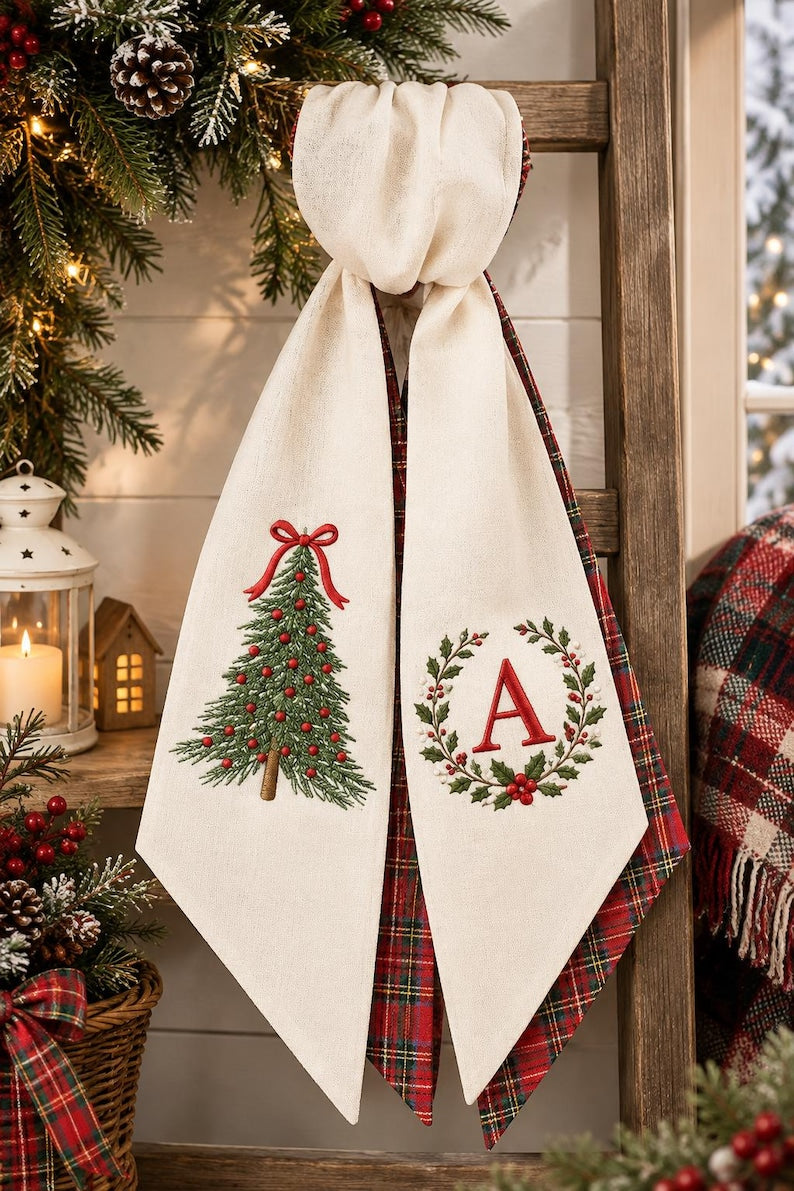 Personalized Christmas Tree Wreath Sash, Embroidered Monogram Initials Wreath Ribbon, Holiday Door Decor