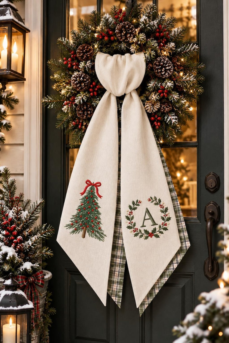 Personalized Christmas Tree Wreath Sash, Embroidered Monogram Initials Wreath Ribbon, Holiday Door Decor