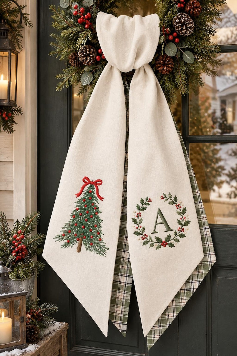 Personalized Christmas Tree Wreath Sash, Embroidered Monogram Initials Wreath Ribbon, Holiday Door Decor
