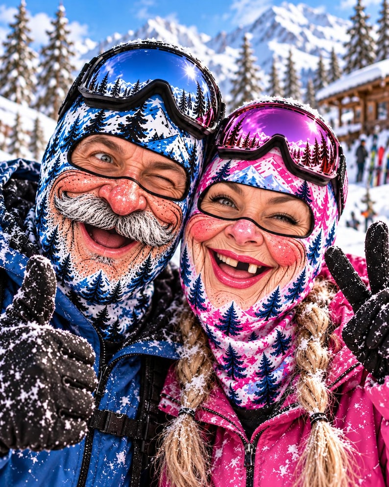 Funny Couple Ski Masks, Printed Face Balaclava Set, Winter Adventure Gift