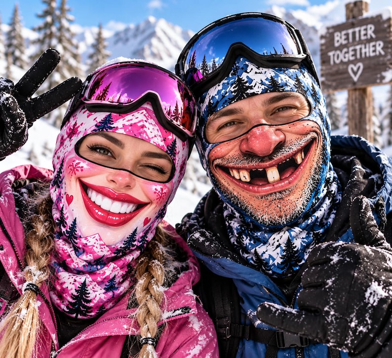 Funny Couple Ski Masks, Printed Face Balaclava Set, Winter Adventure Gift