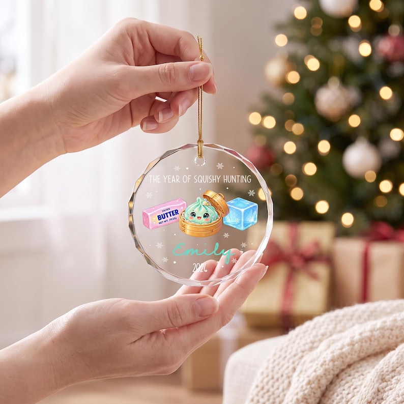 Personalized Year of Squishy Hunting Christmas Ornament, Custom Name Dumpling Squishy Crystal Glass Tree Decor