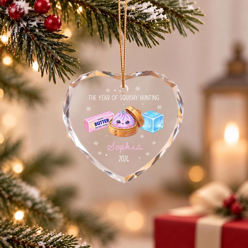 Personalized Year of Squishy Hunting Christmas Ornament, Custom Name Dumpling Squishy Crystal Glass Tree Decor