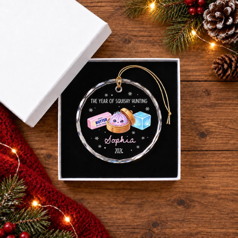 Personalized Year of Squishy Hunting Christmas Ornament, Custom Name Dumpling Squishy Crystal Glass Tree Decor
