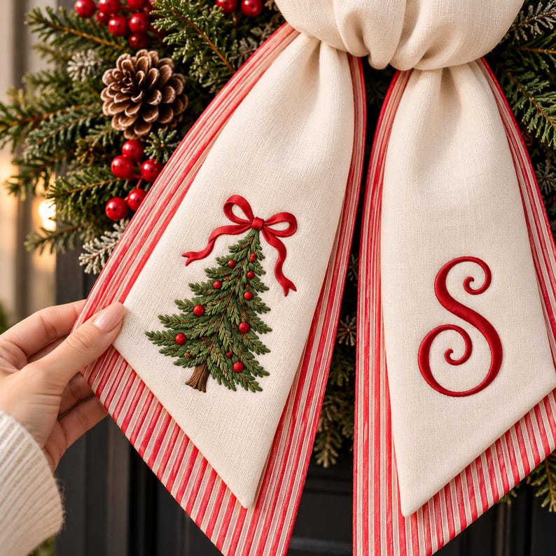 Personalized Christmas Tree Wreath Sash, Embroidered Wreath Bow, Monogram Christmas Door Decor