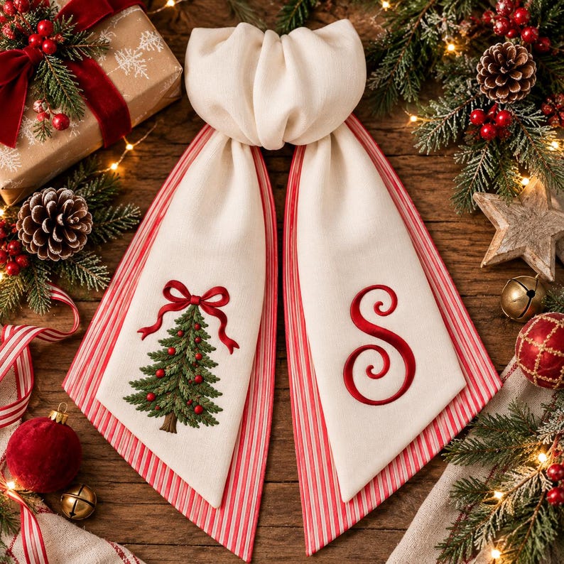 Personalized Christmas Tree Wreath Sash, Embroidered Wreath Bow, Monogram Christmas Door Decor