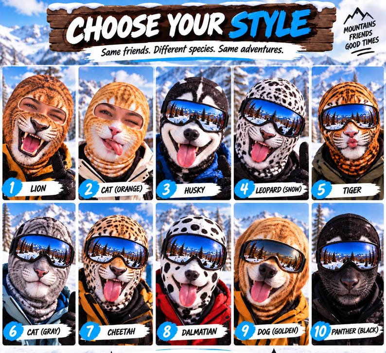 Funny Animal Face Balaclava Set, Winter Ski Mask, Couple Costume Gift