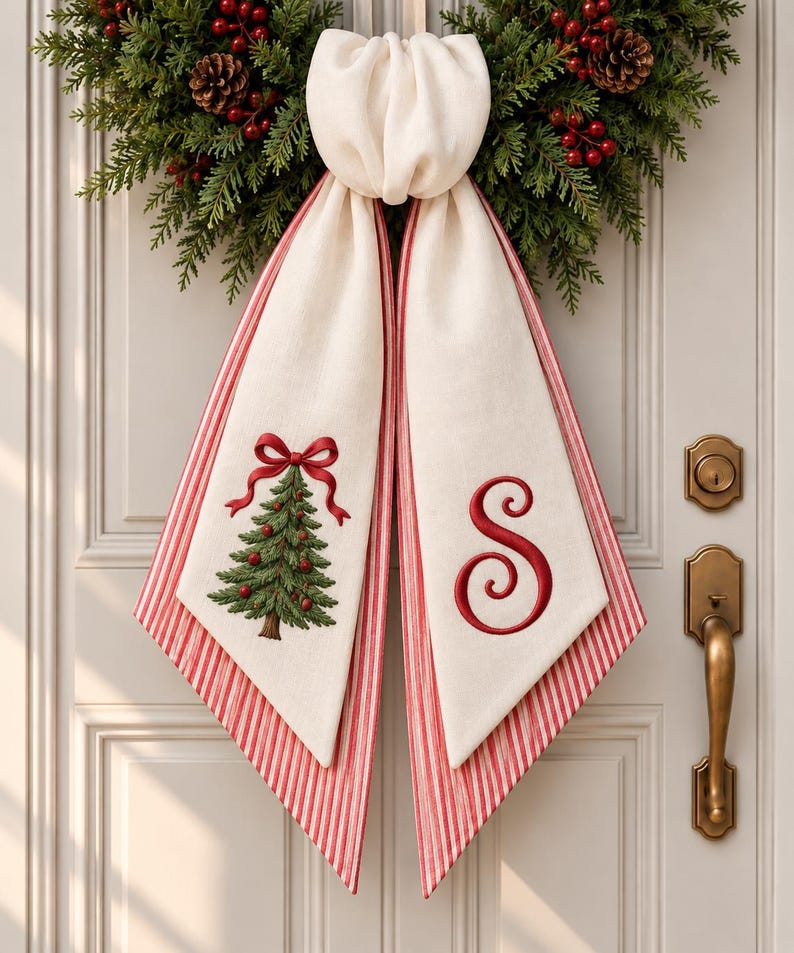 Personalized Christmas Tree Wreath Sash, Embroidered Wreath Bow, Monogram Christmas Door Decor