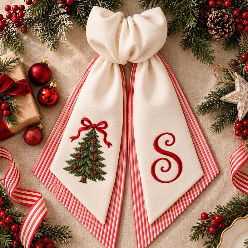 Personalized Christmas Tree Wreath Sash, Embroidered Wreath Bow, Monogram Christmas Door Decor