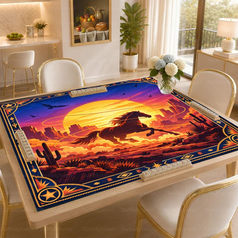 Western Horse Mahjong Mat, American Mah Jongg Game Mat, Non-slip Table Cover