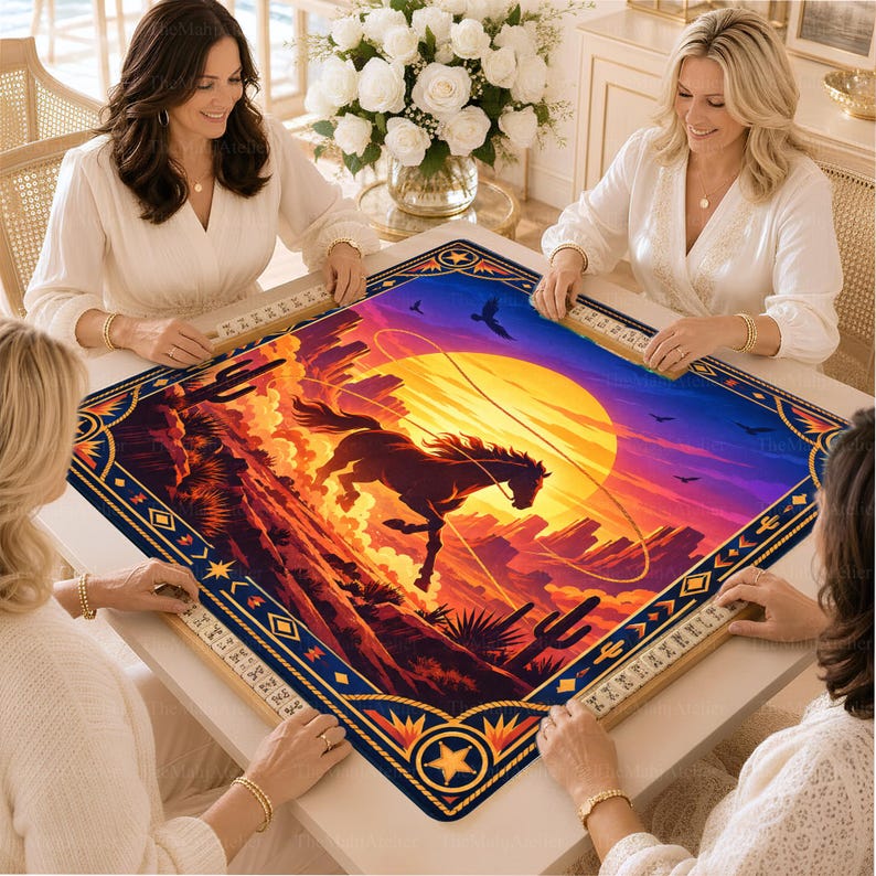 Western Horse Mahjong Mat, American Mah Jongg Game Mat, Non-slip Table Cover