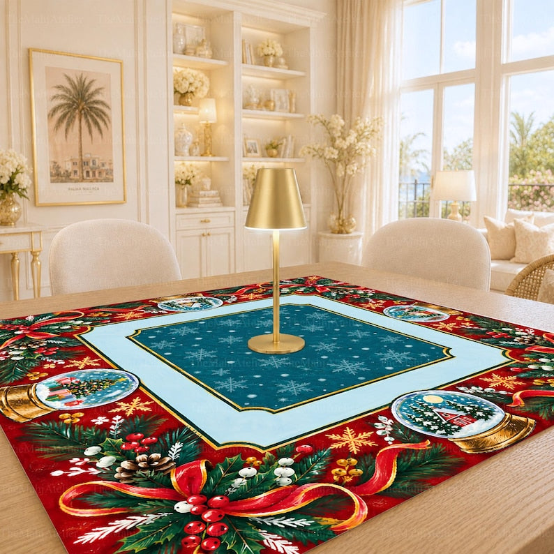 Christmas Snow Globe Mahjong Mat, American Mah Jongg Game Mat, Non-slip Table Cover
