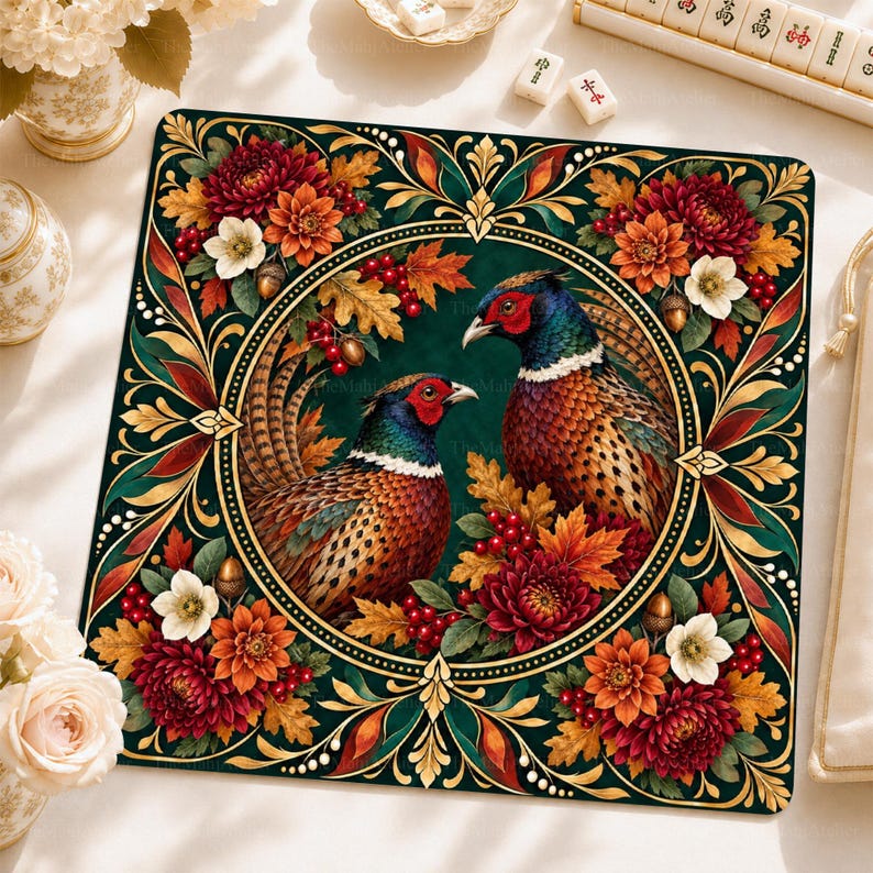 Pheasant Autumn Mahjong Mat, American Mah Jongg Game Mat, Non-slip Table Cover