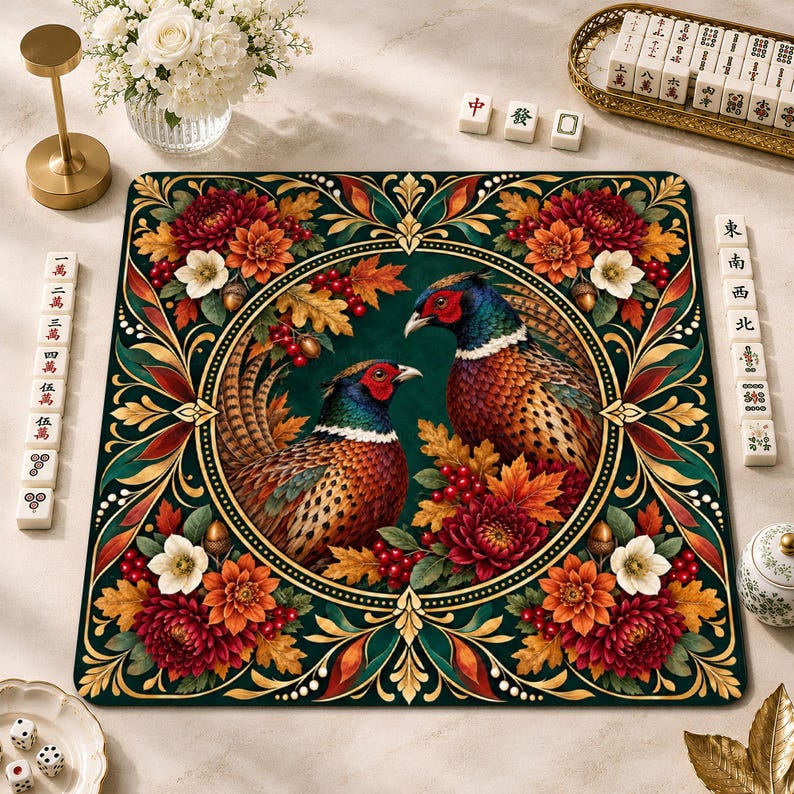 Pheasant Autumn Mahjong Mat, American Mah Jongg Game Mat, Non-slip Table Cover