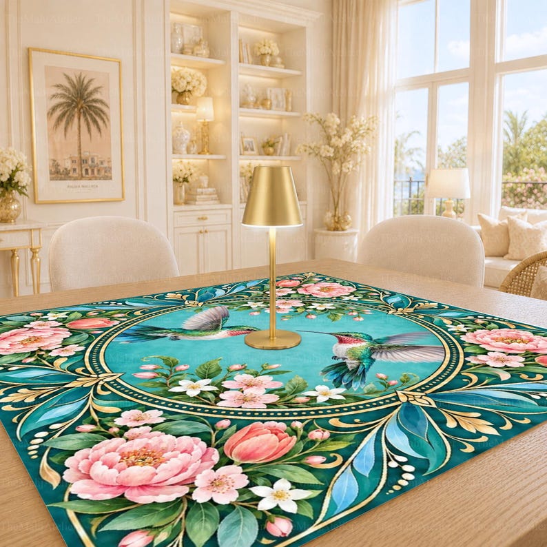 Hummingbird Floral Mahjong Mat, American Mah Jongg Game Mat, Non-slip Table Cover