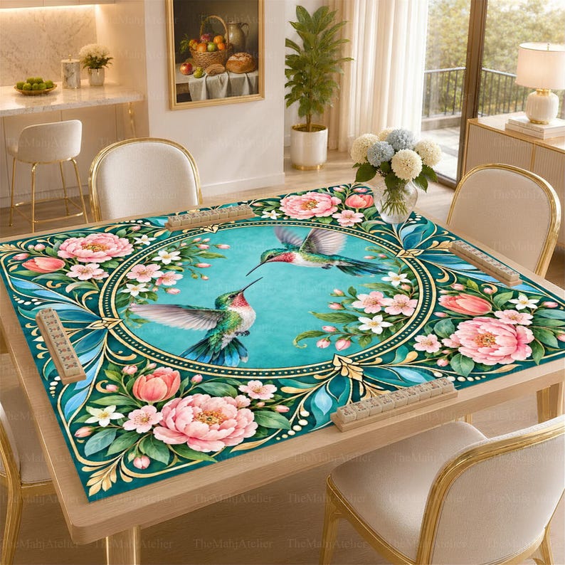 Hummingbird Floral Mahjong Mat, American Mah Jongg Game Mat, Non-slip Table Cover