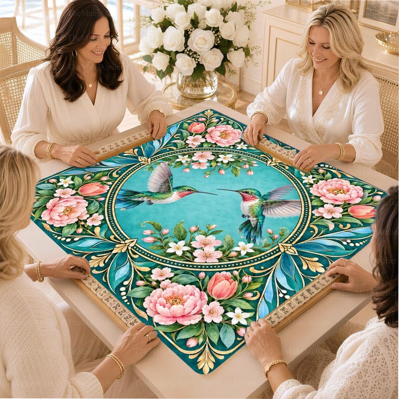 Hummingbird Floral Mahjong Mat, American Mah Jongg Game Mat, Non-slip Table Cover