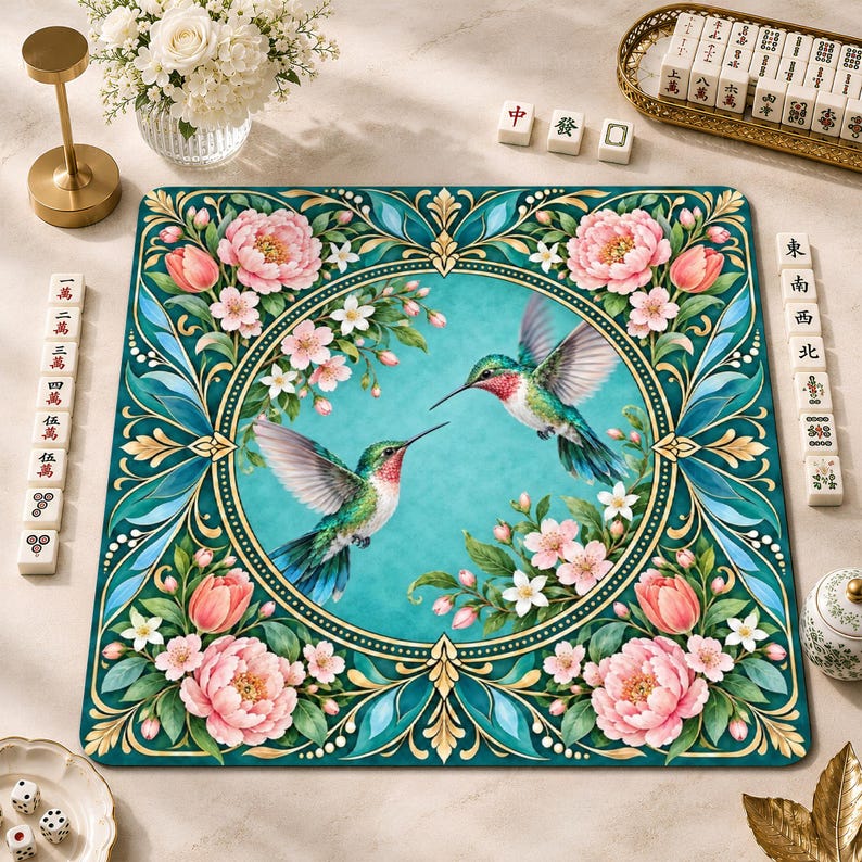 Hummingbird Floral Mahjong Mat, American Mah Jongg Game Mat, Non-slip Table Cover