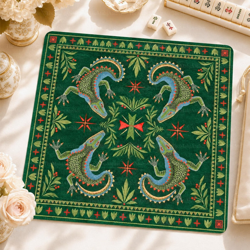 Alligator Folk Art Mahjong Mat, American Mah Jongg Game Mat, Non-slip Table Cover