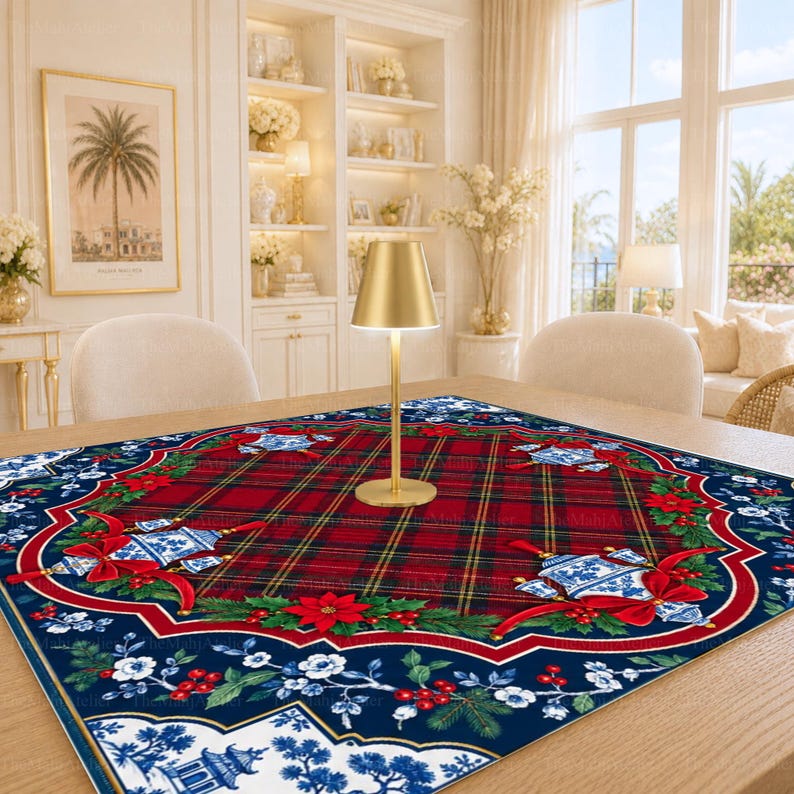 Chinoiserie Christmas Mahjong Mat, American Mah Jongg Mat, Non-slip Table Cover