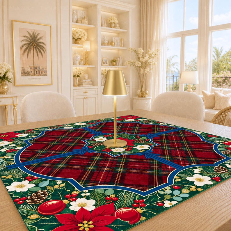 Tartan Poinsettia Christmas Mahjong Mat, American Mah Jongg Mat, Non-slip Table Cover