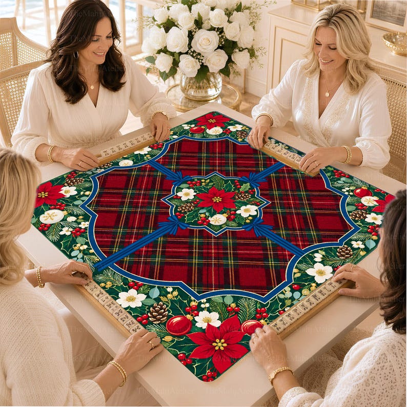 Tartan Poinsettia Christmas Mahjong Mat, American Mah Jongg Mat, Non-slip Table Cover